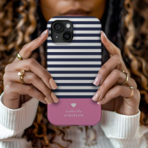 Navy Blue en Roze Chic Stripes Heart Monogram
