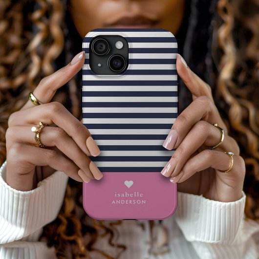 Navy Blue en Roze Chic Stripes Heart Monogram Case-Mate iPhone Case