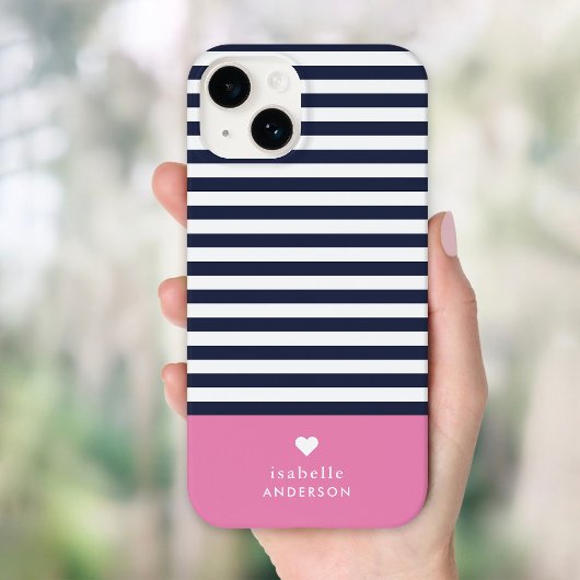 Navy Blue en Roze Chic Stripes Heart Monogram Case-Mate iPhone Case