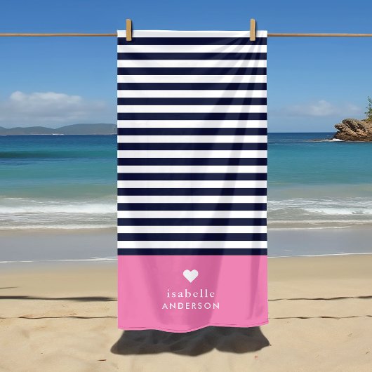 Navy Blue en Roze Chic Stripes Heart Monogram Strandlaken