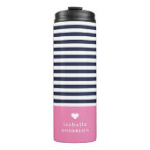 Navy Blue en Roze Chic Stripes Heart Monogram Thermosbeker (Voorkant)
