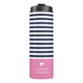 Navy Blue en Roze Chic Stripes Heart Monogram Thermosbeker