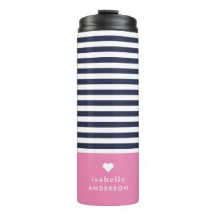 Navy Blue en Roze Chic Stripes Heart Monogram Thermosbeker