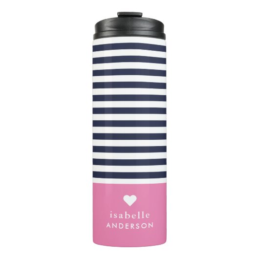 Navy Blue en Roze Chic Stripes Heart Monogram Thermosbeker (Voorkant)