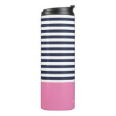 Navy Blue en Roze Chic Stripes Heart Monogram Thermosbeker (Gedraaid links)