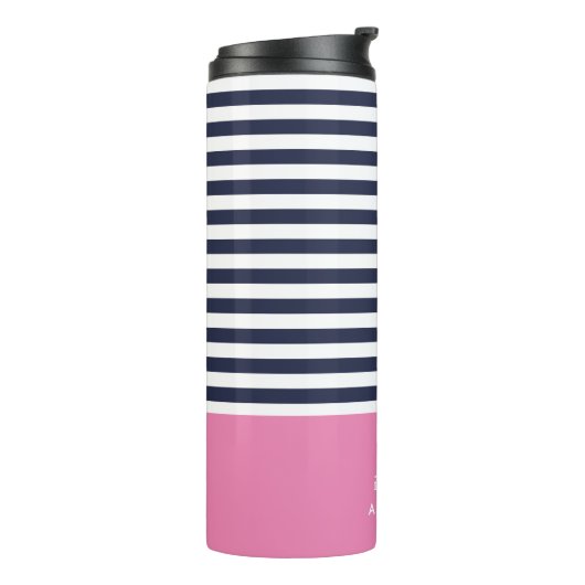 Navy Blue en Roze Chic Stripes Heart Monogram Thermosbeker (Gedraaid links)