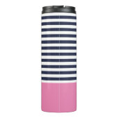 Navy Blue en Roze Chic Stripes Heart Monogram Thermosbeker (Achterkant)