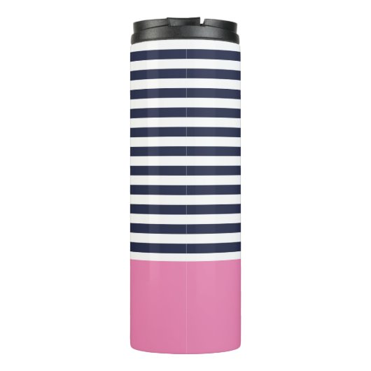 Navy Blue en Roze Chic Stripes Heart Monogram Thermosbeker (Achterkant)