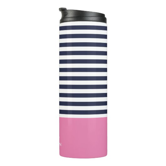 Navy Blue en Roze Chic Stripes Heart Monogram Thermosbeker (Geroteerd rechts)