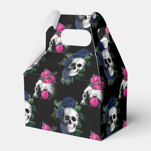 Navy Blue en roze Floral Skulls Gothic Wedding Bedankdoosjes (Voorkant Zijde)