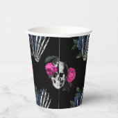 Navy Blue en roze Floral Skulls Gothic Wedding Papieren Bekers (Rechts)