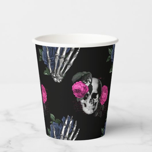 Navy Blue en roze Floral Skulls Gothic Wedding Papieren Bekers (Voorkant)