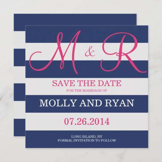 Navy Blue en roze monogram opslaan op datum Save The Date (Voorkant / Achterkant)