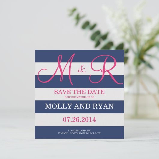 Navy Blue en roze monogram opslaan op datum Save The Date (Staand voorkant)