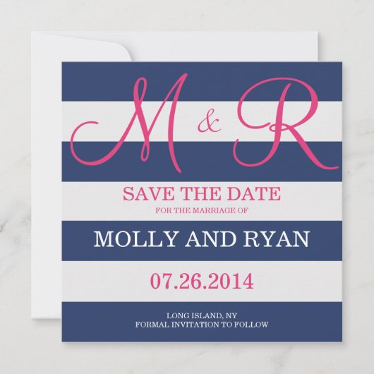 Navy Blue en roze monogram opslaan op datum Save The Date (Voorkant)