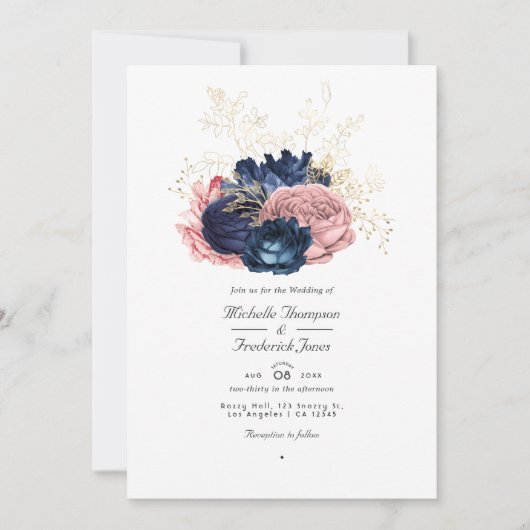 Navy Blue en Roze  Rozen QR Code Weddenschap Kaart (Voorkant)