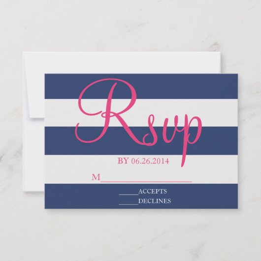 Navy Blue en Roze Stripe RSVP-kaart RSVP Kaartje (Voorkant)