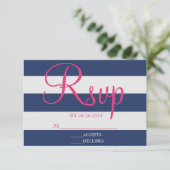 Navy Blue en Roze Stripe RSVP-kaart RSVP Kaartje (Staand voorkant)