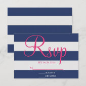 Navy Blue en Roze Stripe RSVP-kaart RSVP Kaartje (Voorkant / Achterkant)