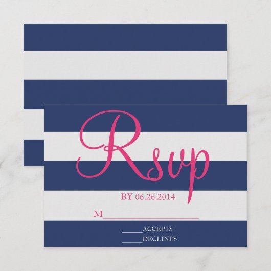 Navy Blue en Roze Stripe RSVP-kaart RSVP Kaartje (Voorkant / Achterkant)