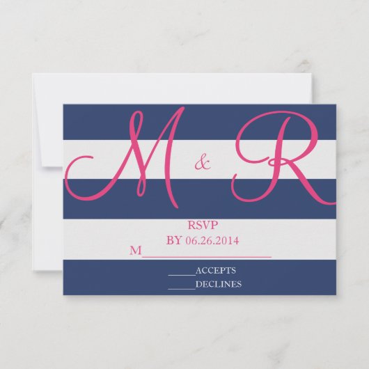 Navy Blue en Roze Stripe RSVP-kaart RSVP Kaartje (Voorkant)