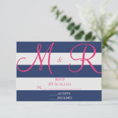 Navy Blue en Roze Stripe RSVP-kaart RSVP Kaartje (Staand voorkant)
