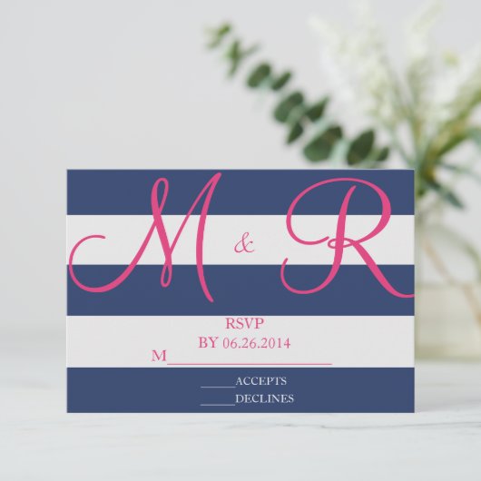 Navy Blue en Roze Stripe RSVP-kaart RSVP Kaartje (Staand voorkant)