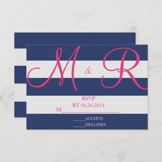 Navy Blue en Roze Stripe RSVP-kaart RSVP Kaartje (Voorkant / Achterkant)