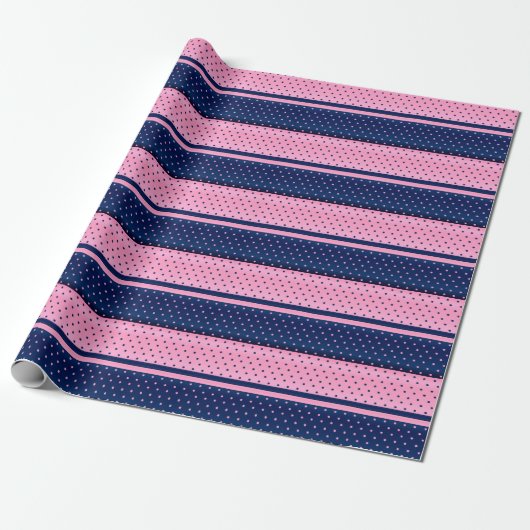 Navy Blue en roze stripes en Polka Dots Cadeaupapier (Uitgerold)