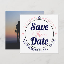 Navy blue en roze typografie foto op de achterkant save the date