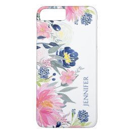 Navy Blue en roze Waterverf Flowers iPhone 8/7 Plus Hoesje
