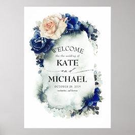 Navy Blue en Rust Floral Vintage Wedding Welcome Poster