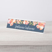 Navy Blue en schilderde bloemen, kalligrafie Bureau Naambordje (Voorkant)