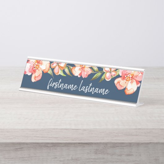 Navy Blue en schilderde bloemen, kalligrafie Bureau Naambordje (Voorkant)