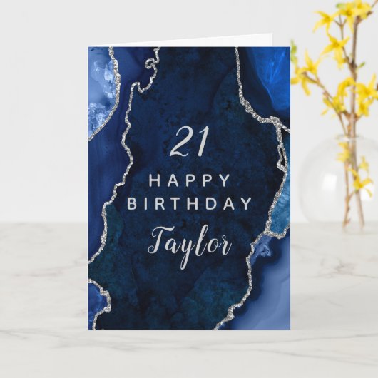 Navy Blue en Silver Agaat Happy Birthday Kaart (Gele Bloem)