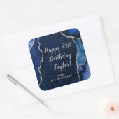 Navy Blue en Silver Agaat Happy Birthday Vierkante Sticker (Envelop)