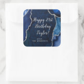 Navy Blue en Silver Agaat Happy Birthday Vierkante Sticker (Tas)