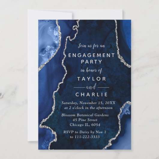 Navy Blue en Silver Agate Marble Engagement Party Kaart (Voorkant)