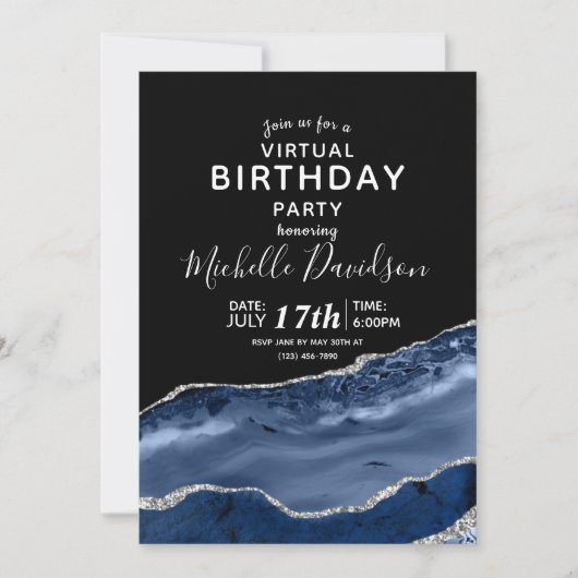 Navy Blue en Silver Agate Virtual Birthday Invitat Kaart (Voorkant)