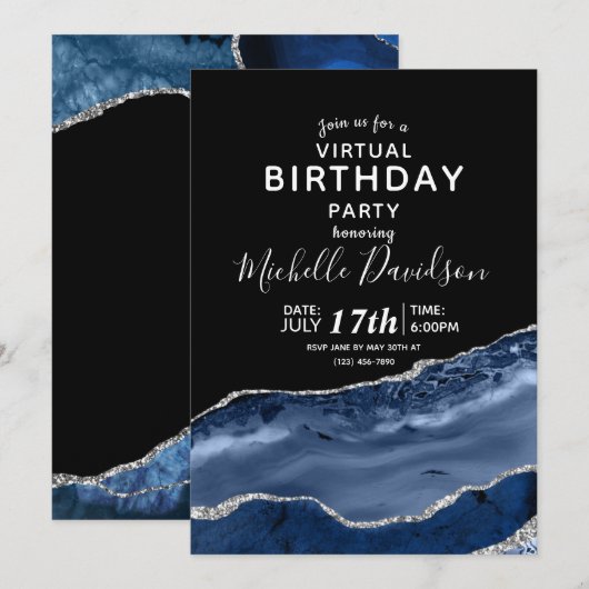 Navy Blue en Silver Agate Virtual Birthday Invitat Kaart (Voorkant / Achterkant)