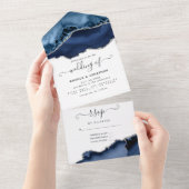 Navy Blue en Silver Agate Wedding All In One Uitnodiging (Afscheurbaar)