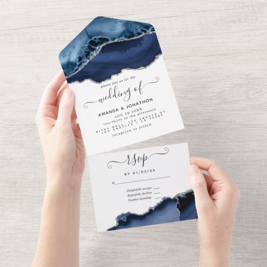 Navy Blue en Silver Agate Wedding All In One Uitnodiging (Afscheurbaar)