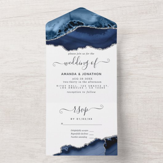 Navy Blue en Silver Agate Wedding All In One Uitnodiging (Binnen)