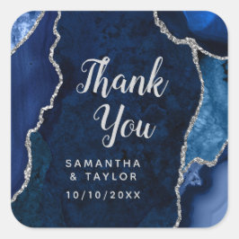 Navy Blue en Silver Agate Wedding Bedankt Vierkante Sticker