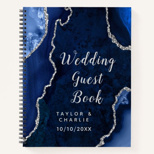 Navy Blue en Silver Agate Wedding Guest Book Notitieboek (Voorkant)