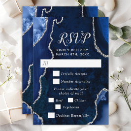 Navy Blue en Silver Agate Wedding Meal Choice RSVP Kaartje