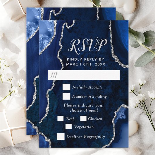 Navy Blue en Silver Agate Wedding Meal Choice RSVP Kaartje