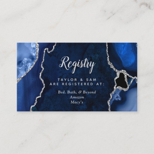 Navy Blue en Silver Agate Wedding Registry Informatiekaartje (Voorkant)