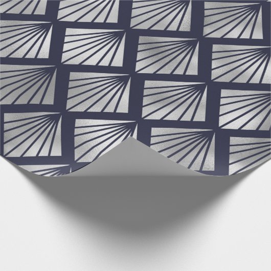 Navy Blue en Silver Art Deco Diamond Pattern Cadeaupapier (Hoek)