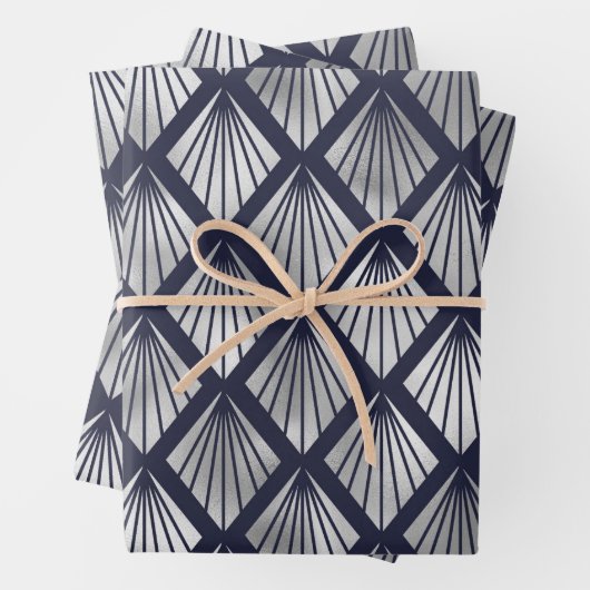 Navy Blue en Silver Art Deco Diamond Pattern Inpakpapier Vel (In situ)